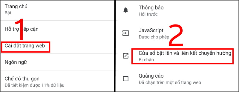 Chọn Cửa sổ bật lên và liên kết chuyển hướng