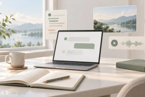 Laptop với giao diện trò chuyện AI bên cạnh sách và sổ ghi chú.