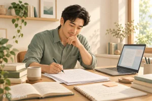 Người viết chỉnh sửa bản thảo bên cạnh laptop, sách và ghi chú.