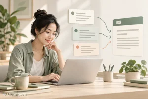Người làm việc với laptop bên cạnh các thẻ hướng dẫn và bản email