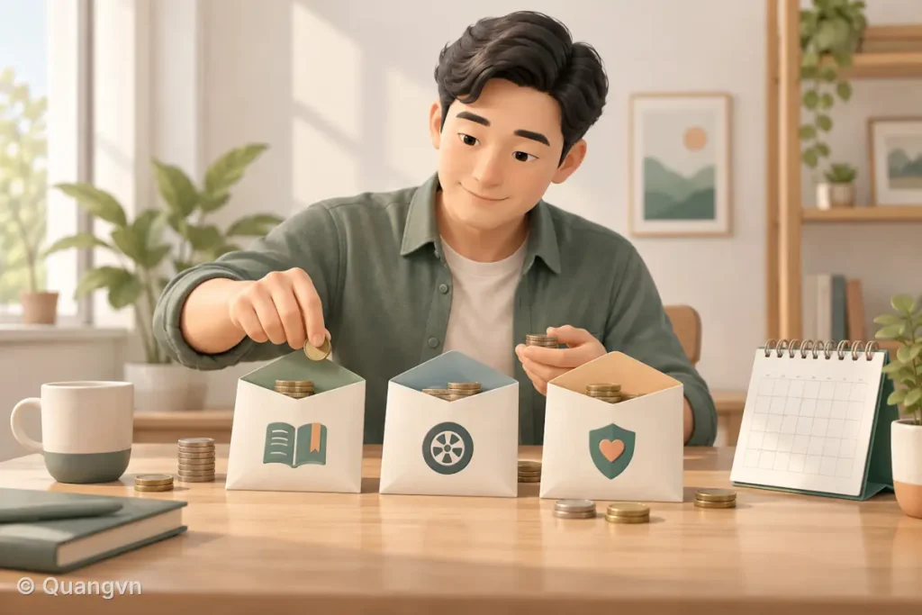 Người đàn ông chia tiền vào các phong bì dành cho học phí, bảo dưỡng xe và bảo hiểm.