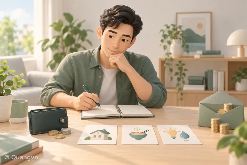 Người đàn ông xem lại ngân sách bên cạnh ví tiền và các thẻ chi phí sinh hoạt.