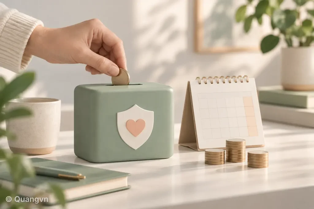 Bàn tay bỏ tiền vào hộp tiết kiệm có biểu tượng bảo hiểm bên cạnh lịch để bàn.