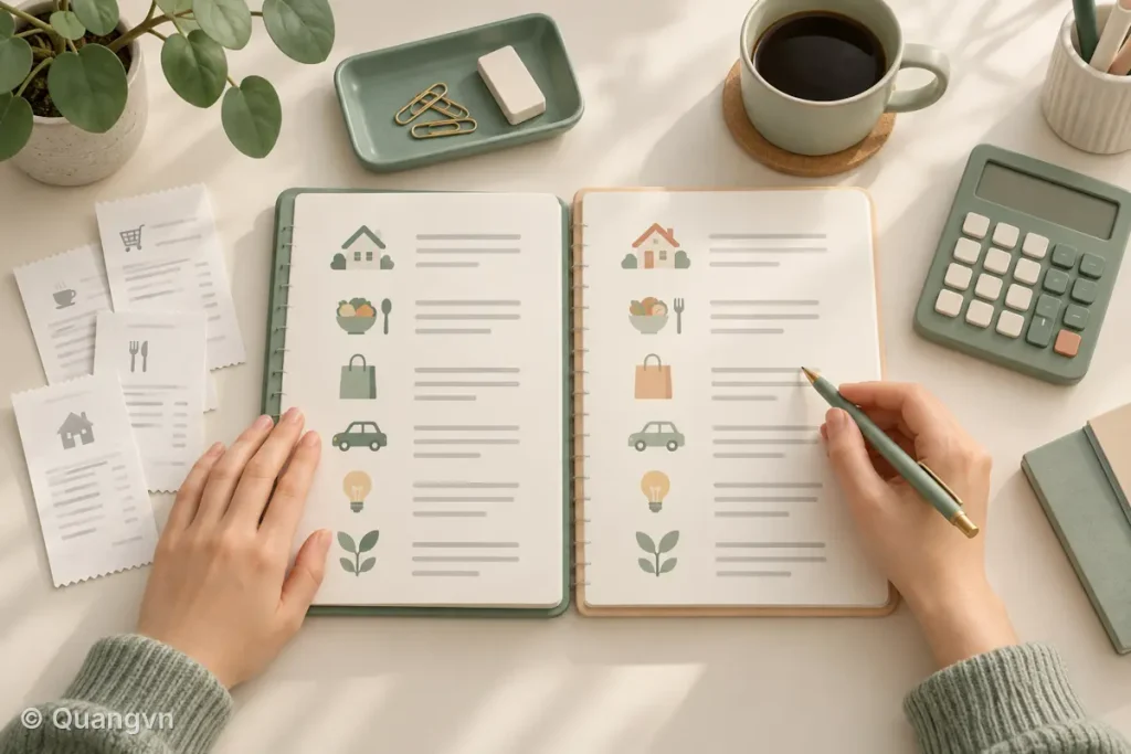 Hai sổ ngân sách đặt cạnh nhau để so sánh các nhóm chi tiêu.