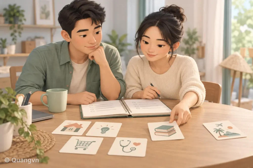 Hai người cùng xem ngân sách và chọn khoản chi cần ưu tiên.