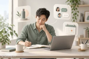 Một người điều hành công việc bên laptop, sổ ghi chú và các biểu tượng sản phẩm, khách hàng, lịch làm việc.